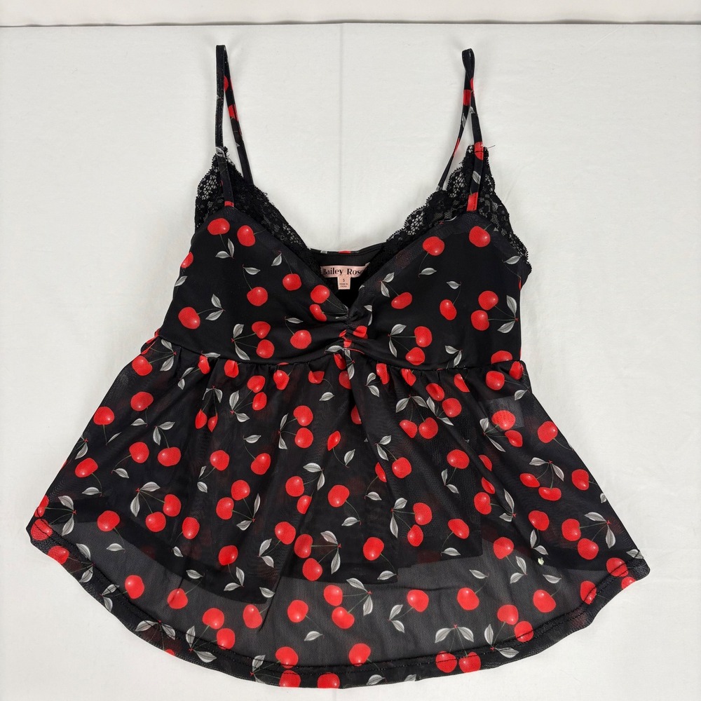 Bailey Rose Womens Cherry Print Cami Top Black Lace Trim Sweetheart Neckline S